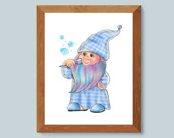 Gnome Brushing Teeth Art Cute Gnome Watercolor Drawing Gnome Wall Decor Kids Room Decor Bathroom Decor Nursery Printable Art