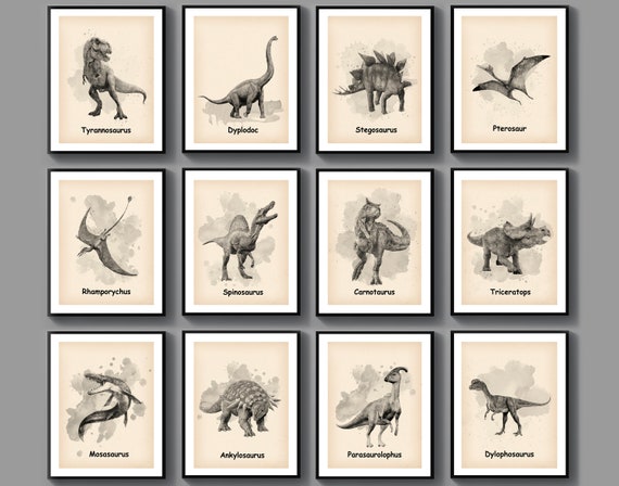 Dinosaurs Names Poster Set of 12, Jurassic Dinosaur Art, Watercolor  Dinosaur Print, T-rex, Triceratops, Stegosaurus, Brontosaurus, Kids Room