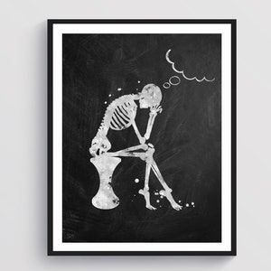 May include: A black and white watercolor illustration of a skeleton sitting on a stool with its head in its hands, thinking. The skeleton is in a contemplative pose, with a thought bubble above its head.
