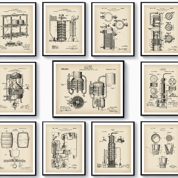 Set von 11 Whisky machen Patent Art Alkohol Brennerei Ausrüstung Blueprint Whisky Technologie Scheme Art Vintage Design Decor Industrielle Kunst