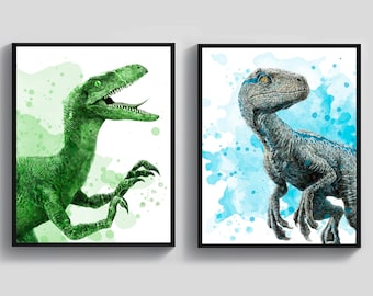 Dinosaur Poster Velociraptor Art Watercolor Drawing Jurassic Dinosaur Printable Largest Reptile Dinosaur Wall Decor Boys Room Gift