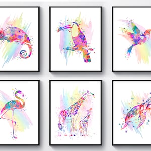 Tropical Animals Watercolor Art, Giraffe, Flamingo, Sea Turtle, Toucan, Hummingbird, Chameleon, Kids Room Decor, Biology Art