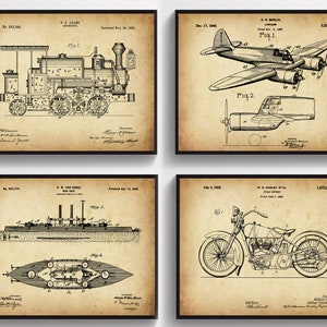 4 Patentes de transporte vintage, patentes de aviones, patentes de trenes, patentes de motocicletas, patentes de barcos, decoración de pared, arte industrial, regalo de mecánico