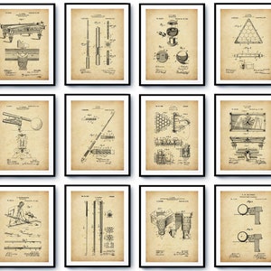 May include: A set of 12 vintage black and white patent drawings of pool and billiards equipment. The drawings are framed in black frames and have a beige background.