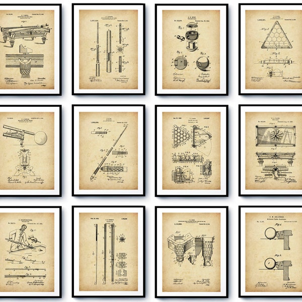 12 Billiards Patent Prints, Billiard Game Blueprint Art, Billiard Room Wall Decor, Game Room Decor, Billiard Player Gift, Bar Wall Decor