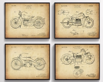 May include: Four vintage black and white motorcycle patent drawings. Each drawing shows a different motorcycle design with text and numbers. The drawings are on a beige background.