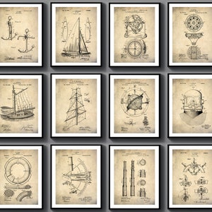 12 patentes antiguas de arte de vela, patentes náuticas, regalo de marinero, boya, rueda, patente, ancla, brújula, patente, decoración de pared