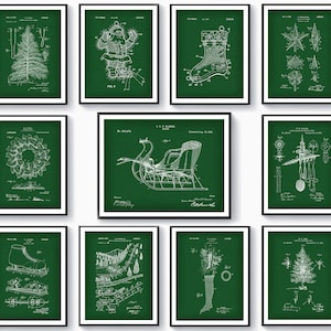 Pode incluir: Conjunto de 10 ilustrações de patentes vintage com tema natalino para impressão. As ilustrações são em preto e branco sobre um fundo verde. As ilustrações incluem uma árvore de Natal, Papai Noel, uma meia, uma estrela, um trenó, uma coroa, um patim, um trenó, uma meia e uma árvore de Natal.