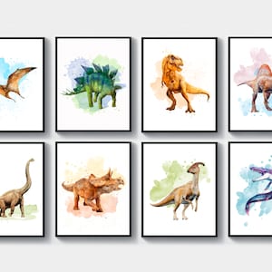 Dinosaur Art Print Set of 8 Extinct Animals Poster T-Rex Pterosaurus Stegosaurus Brontosaurus Triceratops Wall Art Jurassic Period Decor