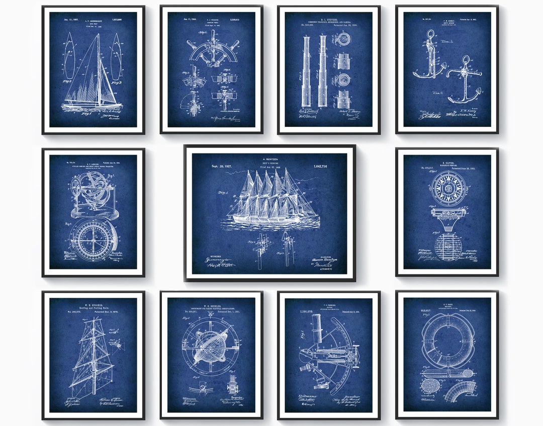 11 Nautical Art Patent Drawing, Beach Art, Marine Poster, Sailing ...
