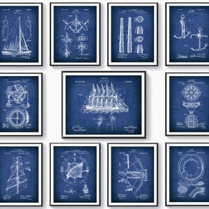 11 Nautical Art Patent Drawing, Beach Art, Marine Poster, Sailing Patent Blueprint, Sailboat Wall Art, Gift For Sailor, Yacht Owner Gift