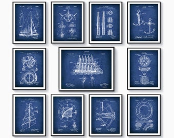 11 Nautical Art Patent Drawing, Beach Art, Marine Poster, Sailing Patent Blueprint, Sailboat Wall Art, Gift For Sailor, Yacht Owner Gift