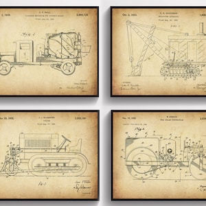 4 Patentes de arte de construcción vintage, planos de construcción pesada, arte de transporte, arte industrial, regalo de constructor, regalo de constructor, arte para habitación de niños