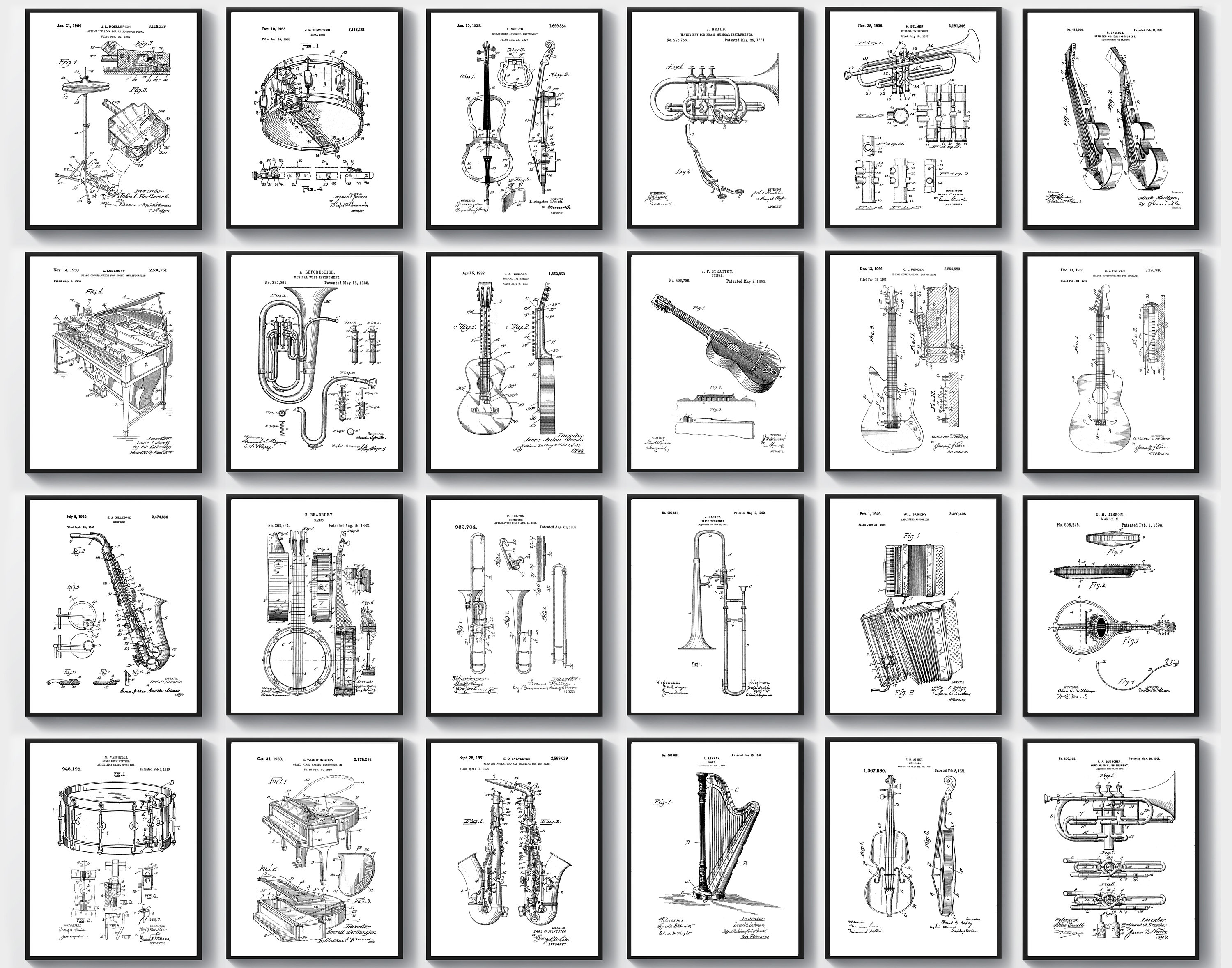 Musician Gift Set, 24 Musical Instruments Patent, Music Blueprint, Guitar Patent, Piano Patent, Saxophone Patent, Drum Patent, Home Decor