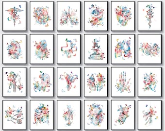 May include: A set of 20 watercolor anatomical illustrations featuring various human organs, bones, and medical symbols. The illustrations are surrounded by colorful flowers and butterflies.