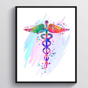 Arte em aquarela com símbolo de caduceu colorido, presente de formatura para médico, presente de enfermeira registrada, presente para estudante de medicina, assistente médico