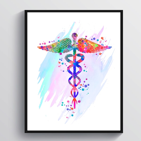 Colorful Caduceus Symbol Artwork Watercolor Medical Art Doctor Graduation Gift Registered Nurse Gift Medical Student Gift Doctor Assistant