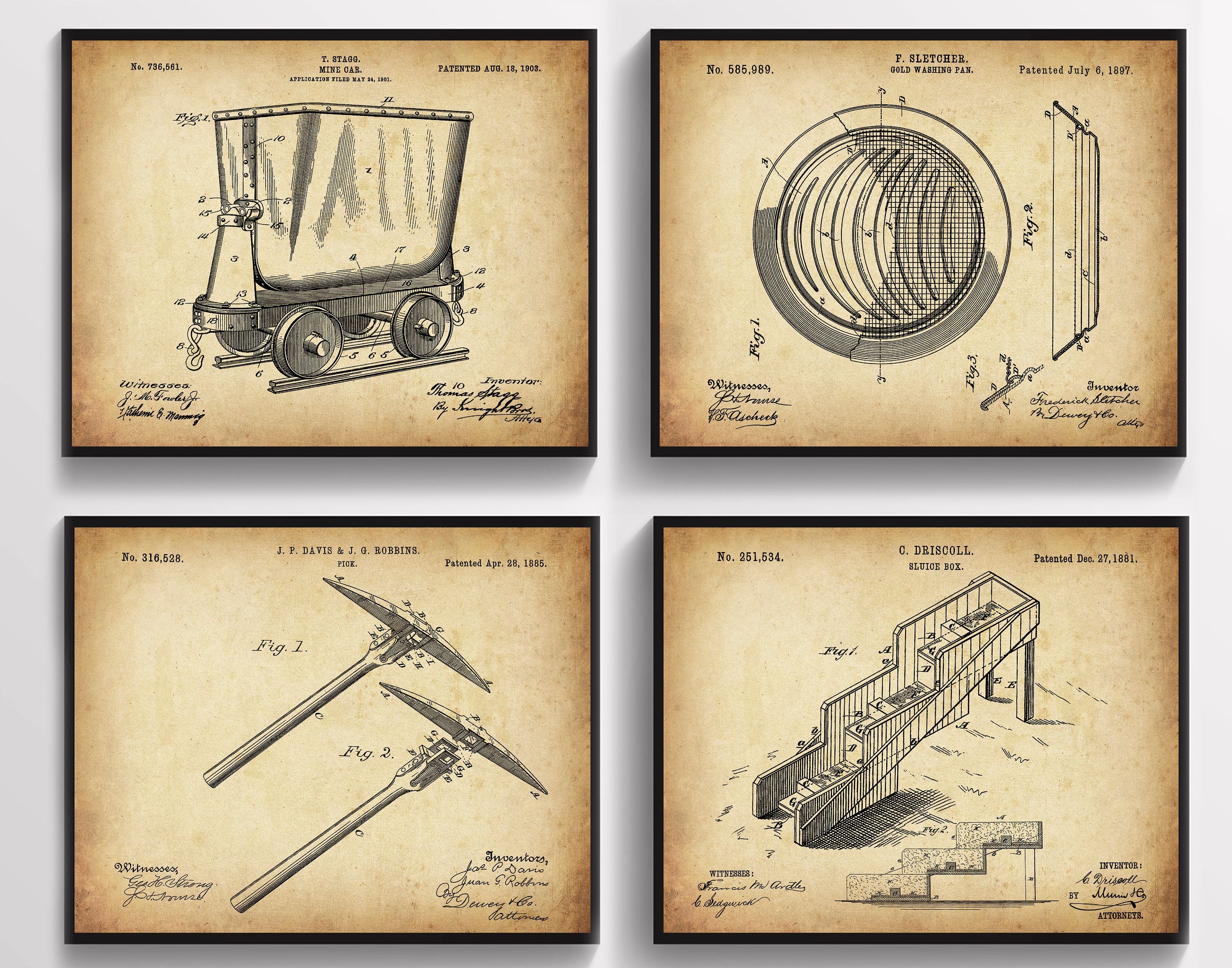 4 Miner Gift Mining Equipment Patent Art Gold Mining Tools Blueprint Klondike Art Geologist Gift Geology Art Antique Blueprint Wall Decor