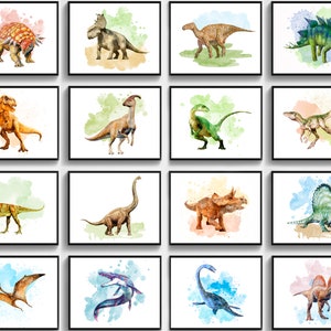 Dinosaur Art Set of 16 Watercolor T-Rex Stegosaurus Mosasaurus Pterosaurus Triceratops Wall Decor Jurassic Period Animals Kids Room Decor