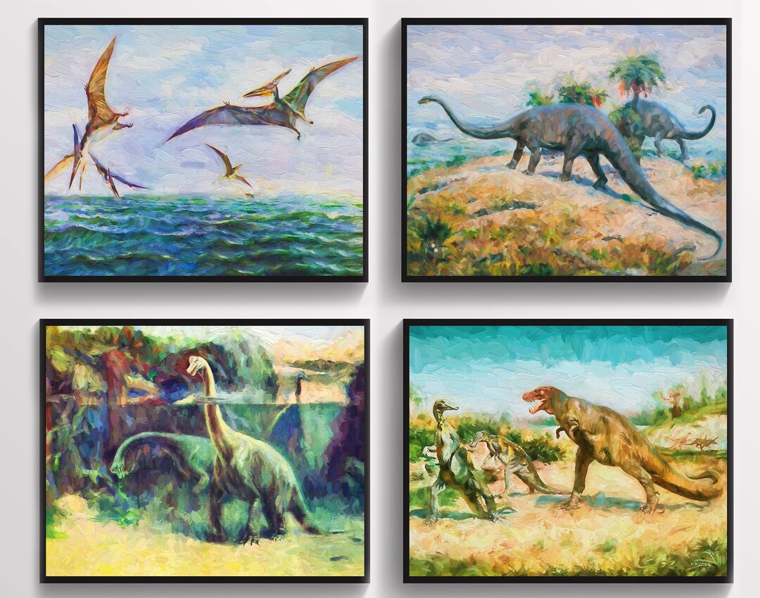 4 Dinosaurs Oil Painting Art Animal Artwork Biology Art Tyrannosaurus ...