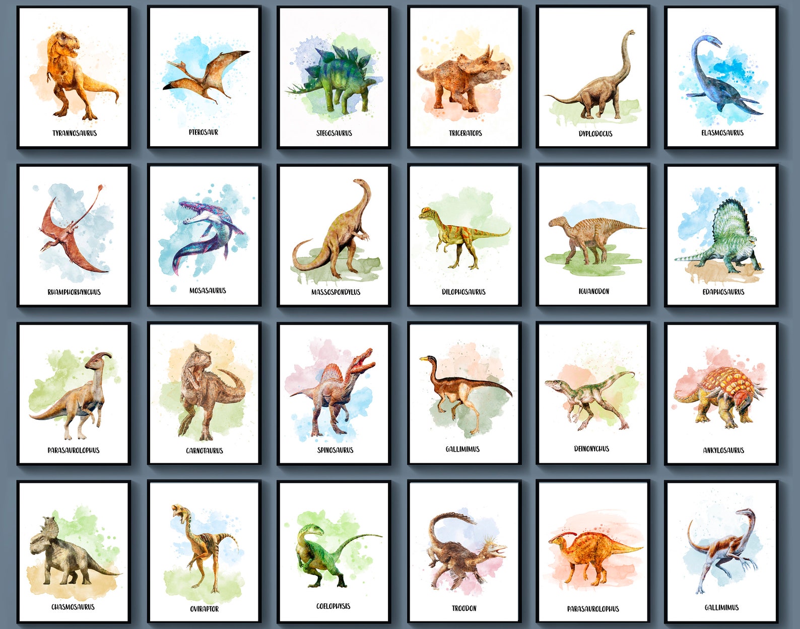 24 Dinosaur With Names Poster Dinosaur Types Decor Watercolor Etsy UK
