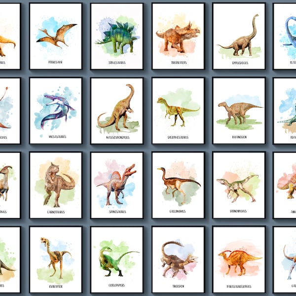 24 dinosaurus met namen poster dinosaurus typen decor aquarel T-Rex stegosaurus triceratops Mosasaurus Iguanodon kinderkamer decor kinderkamer kunst
