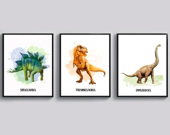 Watercolor Dinosaurs Print Dinosaur T-Rex Stegosaurus Dyplodocus Poster Dinosaur Decor Kids Room Decor Nursery Printable Art Christmas Gift