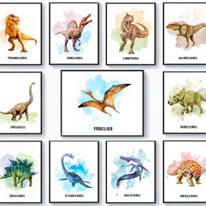 11 Dinosaurs Artwork, Dinosaurs Names Studying, Dinosaurs Types Poster, Dinosaur Drawing, Watercolor Dinosaur Painting, Kids Room Art Decor