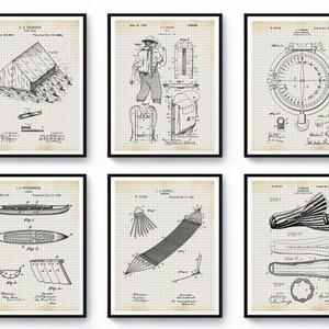 6 Camping Patent Art, Travel Poster, Scout Gift, Canoe Patent, Compass Patent, Hammock Patent, Tent Patent, Sleeping Bag Patent, Home Decor