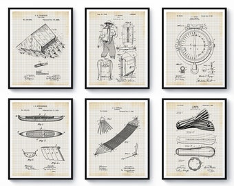 6 Camping Patent Art, Travel Poster, Scout Gift, Canoe Patent, Compass Patent, Hammock Patent, Tent Patent, Sleeping Bag Patent, Home Decor