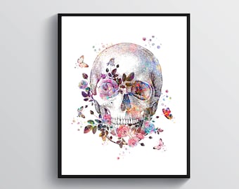 May include: A watercolor painting of a human skull with colorful flowers and butterflies. The skull is painted in shades of pink, purple, and blue, and the flowers are a mix of pink, purple, and white. The butterflies are a mix of pink, purple, and blue.