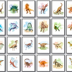 24 Dinosaur Art Jurassic Theme Decor Watercolor T-Rex Stegosaurus Triceratops Mosasaurus Iguanodon Kids Room Decor Nursery Printable
