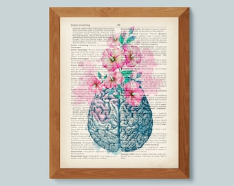 Neurologie kunst aquarel hersenen en bloemen kunst oud woordenboek decor medische kunst psycholoog kantoor cadeau wetenschapper cadeau arts afstuderen