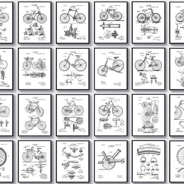 24 Bicycle Patent Art Set, Racing Bicycle Blueprint, Cyclist Gift, Bike Inventions, Cycling Poster, Sports Wall Decor, Travel Art