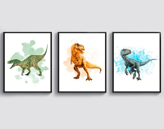 3匹の恐竜アート 水彩画 T-Rex ヴェロキラプトル インドミナス