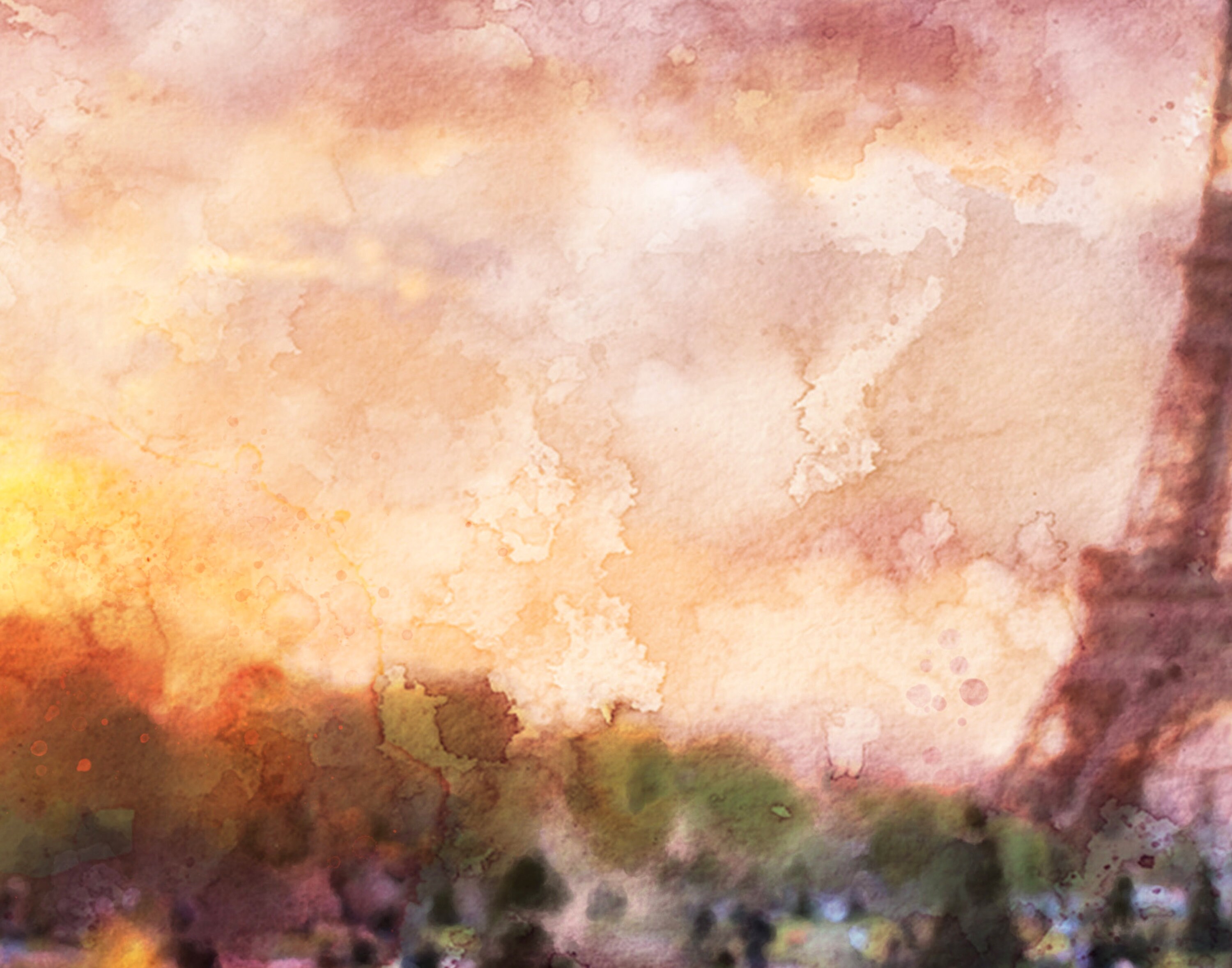 パリの夕日のアート フランス水彩風景画 エッフェル塔プリント