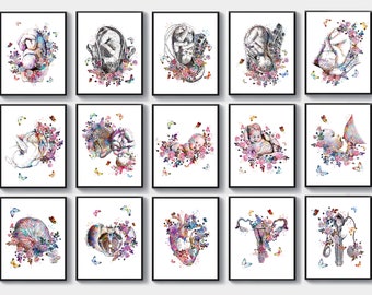 May include: A set of 12 watercolor illustrations depicting the stages of pregnancy and childbirth. The illustrations feature a fetus in the womb, a baby being born, and a mother holding a newborn baby. The illustrations are surrounded by flowers and butterflies.