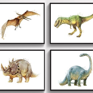 Póster de 4 dinosaurios jurásicos, acuarela, T-Rex, pterosaurio, estiracosaurio, brontosaurio, impresión de dinosaurio, decoración de pared, dinosaurio, pintura a mano, habitación infantil.