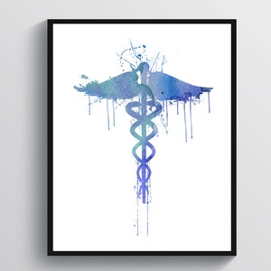 Nurse Gift, Watercolor Caduceus Art, Medical Symbol, Registered Nurse Graduation Gift, Medical Office Decor, RN Gift, Doctor Office Gift