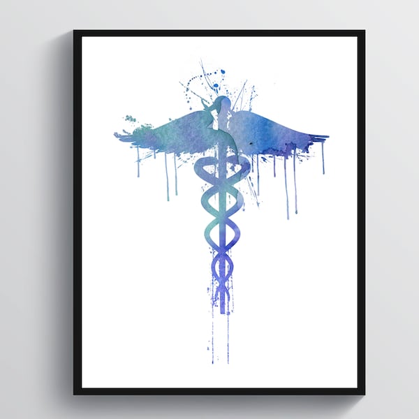 Nurse Gift, Watercolor Caduceus Art, Medical Symbol, Registered Nurse Graduation Gift, Medical Office Decor, RN Gift, Doctor Office Gift