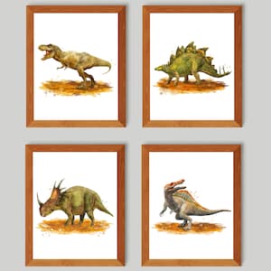 4 Dinosaur Artwork Watercolor T-Rex Stegosaurus Spinosaurus Triceratops Art Jurassic Period Animals Poster Boys Room Decor Nursery Art