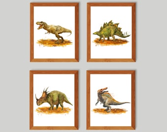 4 Dinosaur Artwork Watercolor T-Rex Stegosaurus Spinosaurus Triceratops Art Jurassic Period Animals Poster Boys Room Decor Nursery Art