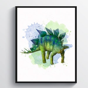May include: Watercolor painting of a green dinosaur with a blue and green spiky back, standing on a blue and green watercolor background.
