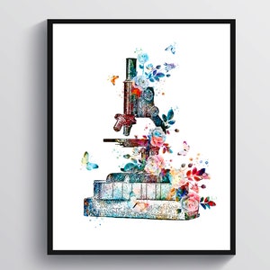 May include: A watercolor illustration of a vintage microscope with colorful flowers and butterflies. The microscope is made of metal and has a wooden base. The flowers are in shades of pink, blue, and purple. The butterflies are in shades of blue and green.