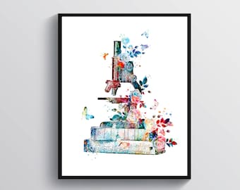 May include: A watercolor illustration of a vintage microscope with colorful flowers and butterflies. The microscope is made of metal and has a wooden base. The flowers are in shades of pink, blue, and purple. The butterflies are in shades of blue and green.