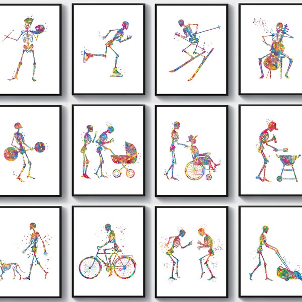 12 Figures of Human Skeletons Art Moving Poses Artwork Physiotherapy Art Medical Decor Sports Therapy Art Chiropractor Gift Doctor Art