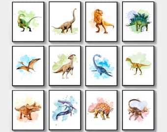 Watercolor Dinosaur Art Jurassic Dino T-Rex Stegosaurus Triceratops Dinosaur Decor Dinosaur Poster Kids Room Decor Nursery Printable Art