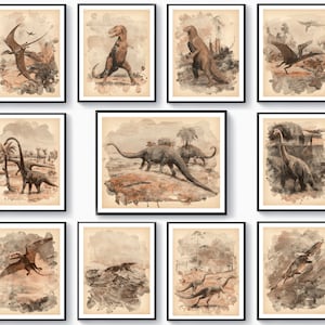 Antique Dinosaur Art Set 11 Watercolor Dinosaur Art Diplodocus Art Mosasaurus Art Pterodactyl Art Decor for Kids Room Nursery Printable Art
