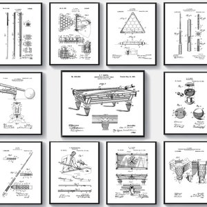 May include: A set of nine vintage black and white illustrations of snooker table designs and equipment. The illustrations are in the style of patent drawings and include details of the table construction, cue sticks, and balls.