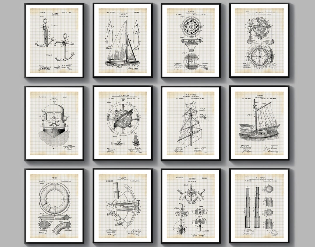 12 Nautical Patent Blueprint Gift for Sailor Beach House Decor Sailing ...
